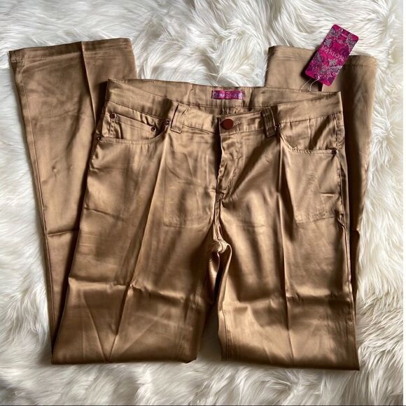 NWT Golden Khaki Nude Satin Shiny Flare Pants - Picture 2 of 14